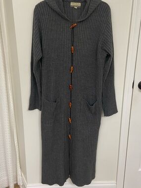 SHUKR Long Hooded Cardigan Women L Gray Ribbed Duster Toggle Buttons Pockets